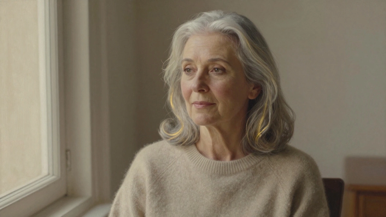 Женщина 60+ с серебристыми волосами и тонкими золотыми прядями, сидит у окна, спокойное выражение лица.