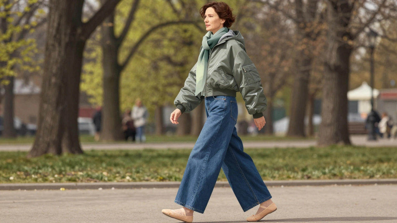 Женщина в короткой куртке-бомбере гуляет в парке с широкими джинсами.
