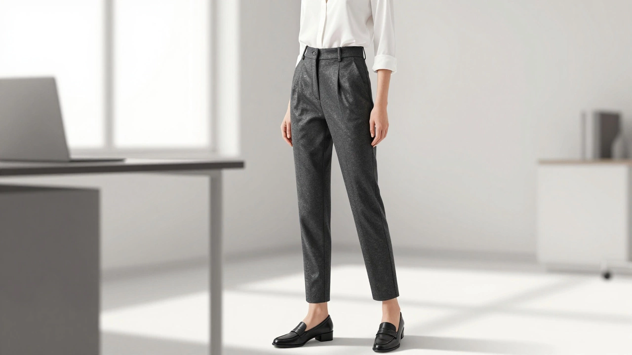 Женщина в офисе в чёрных узких брюках с металлическим блеском и белой блузкой.