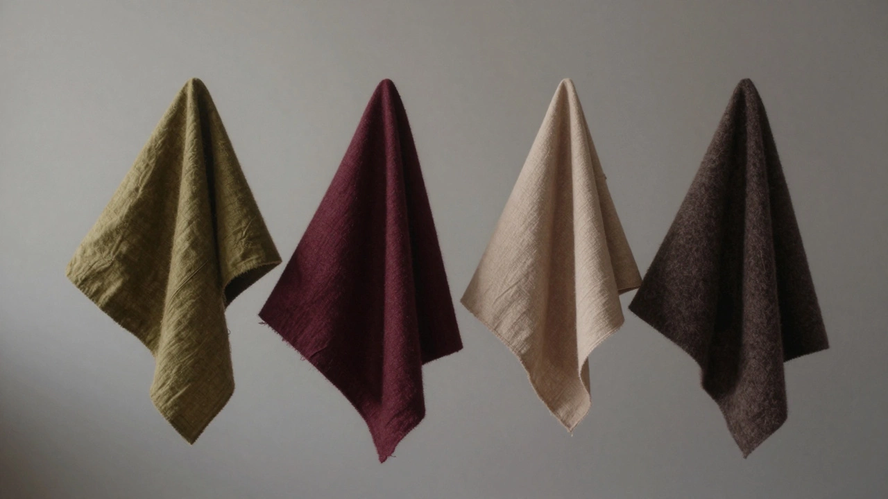 Четыре тканевых лоскута: оливковый, бордовый, пыльный бежевый и темно-коричневый