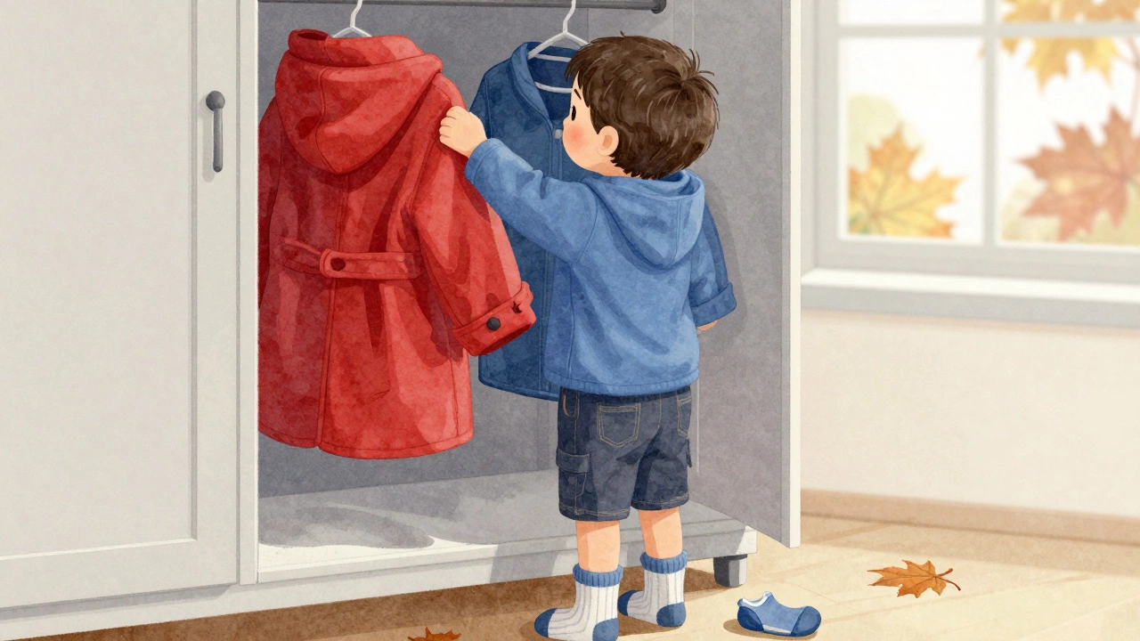 Четырехлетний ребенок выбирает куртку из шкафа, одет в несовпадающую одежду.