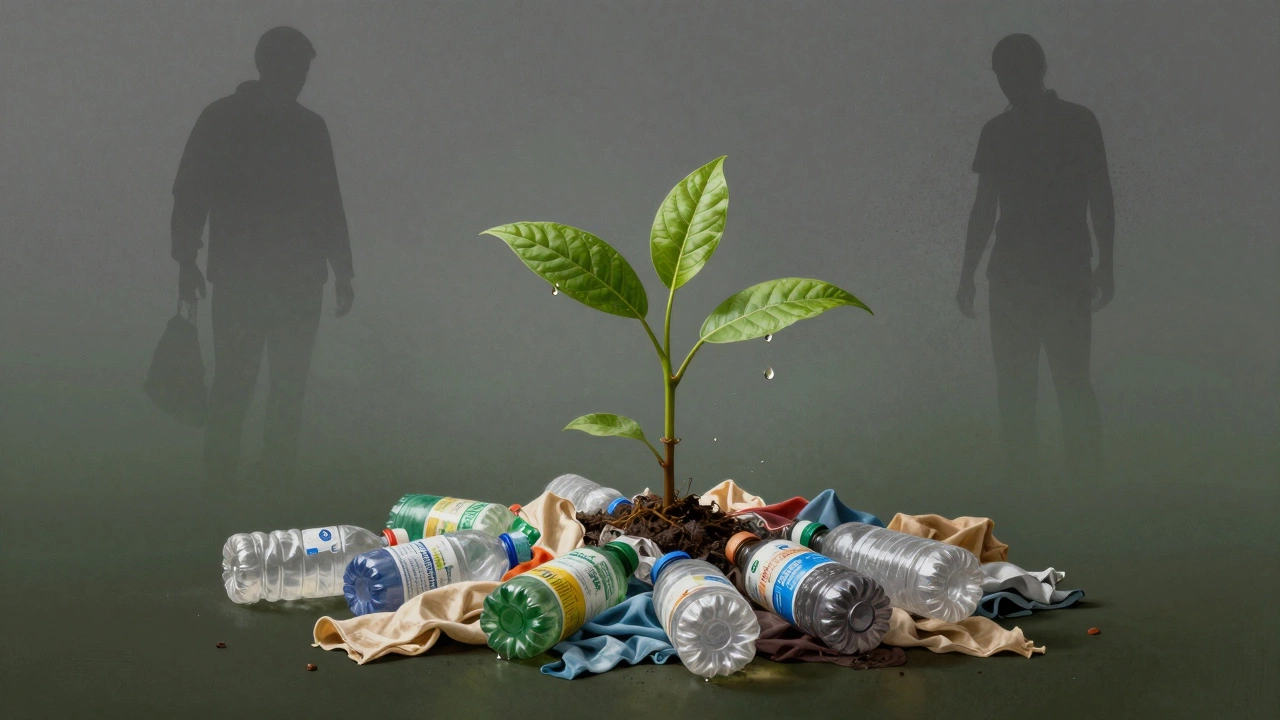 Капля воды превращается в растение на ткани из переработанных бутылок, а старые ткани исчезают в пыли.