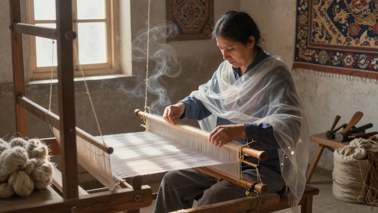 Мастер ткет пашмину на деревянном ткацком станке, нить кажется прозрачной, как дым.