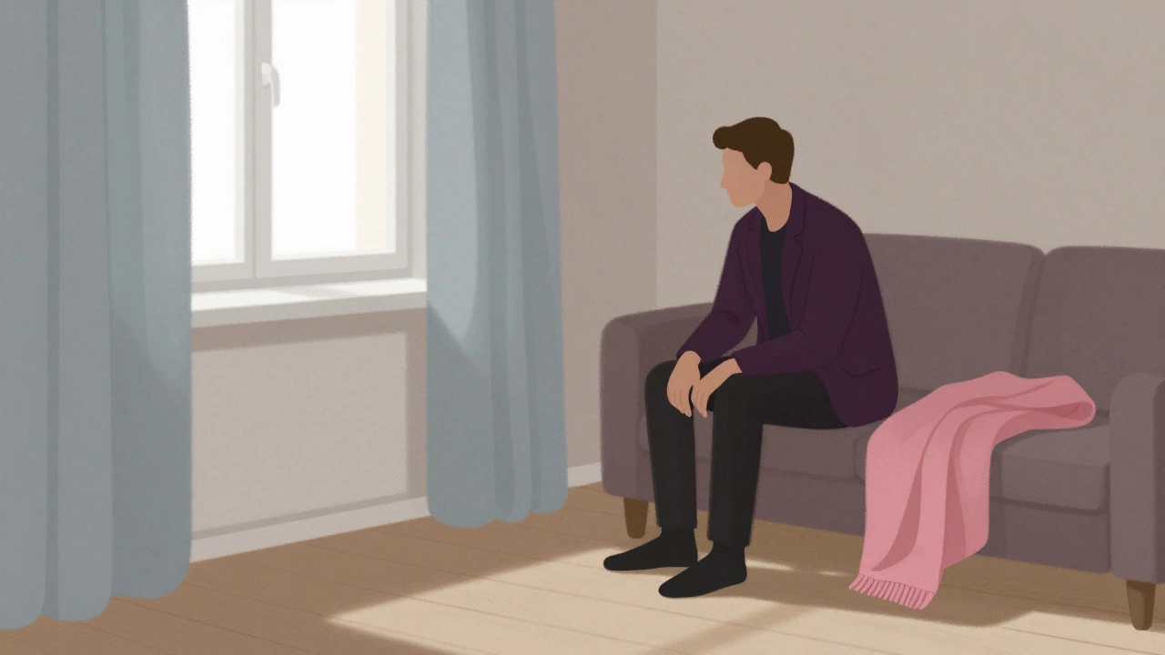 Минималистичная гостиная в Москве с мужчиной в темно-фиолетовом пиджаке и розовым платком.