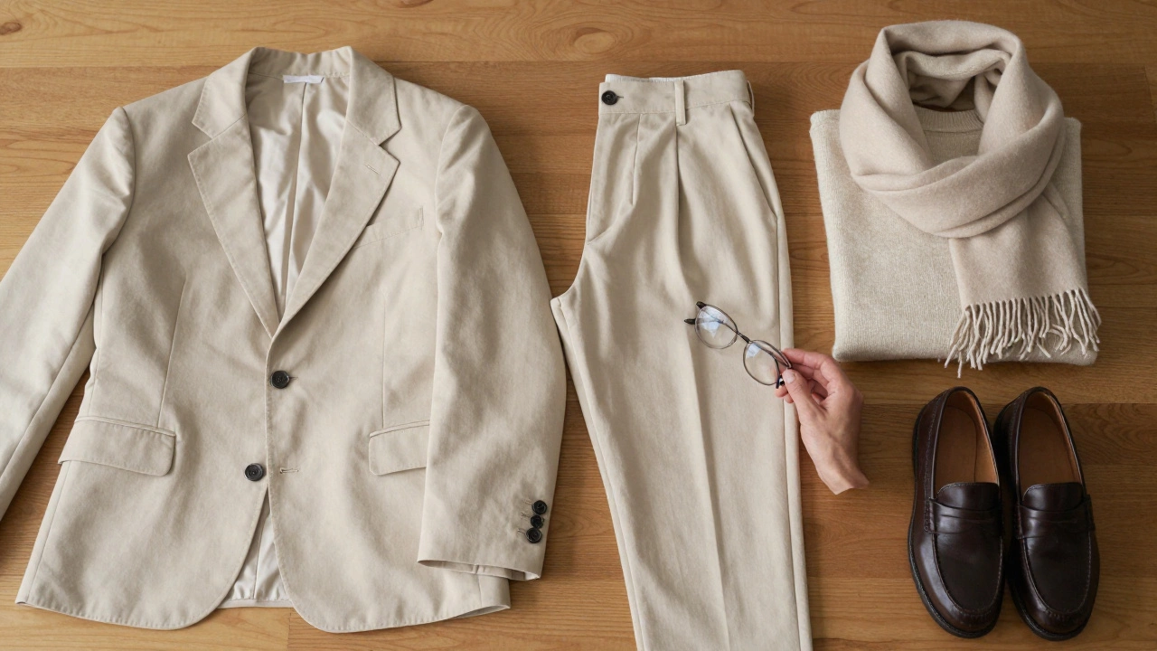 Минималистичная композиция из одежды: пиджак, брюки, свитер, обувь и шарф на деревянной поверхности.