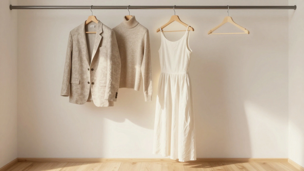 Минималистичный гардероб из льняного пиджака, мериносовой кофты и платья BreathWeave в светлом шкафу.