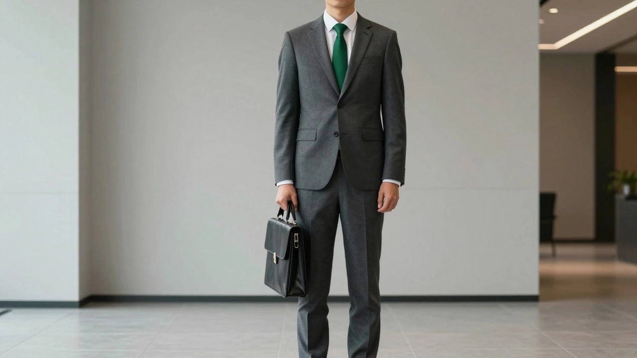 Мужчина в сером костюме с изумрудным галстуком стоит в современном офисе, спокойная поза, мягкий свет, минимализм.