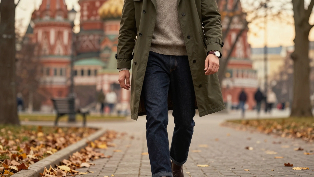 Мужчина в свитере из мериноса и оливковом пальто гуляет по парку с осенними листьями.