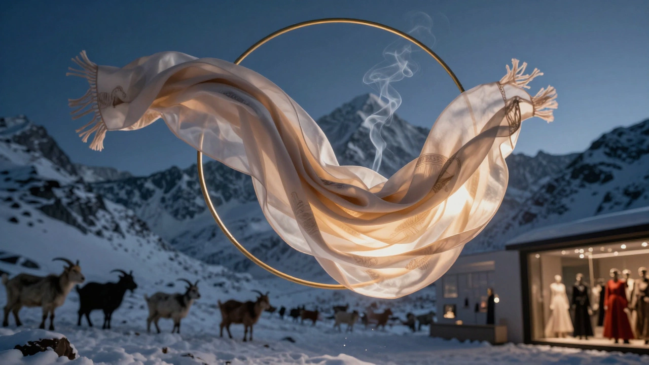 Пашминовый шарф проходит через золотое кольцо, свет пронизывает ткань, как дым.