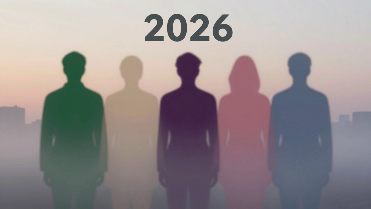 Пять силуэтов в трендовых цветах 2026 года, растворяющихся в тумане города.