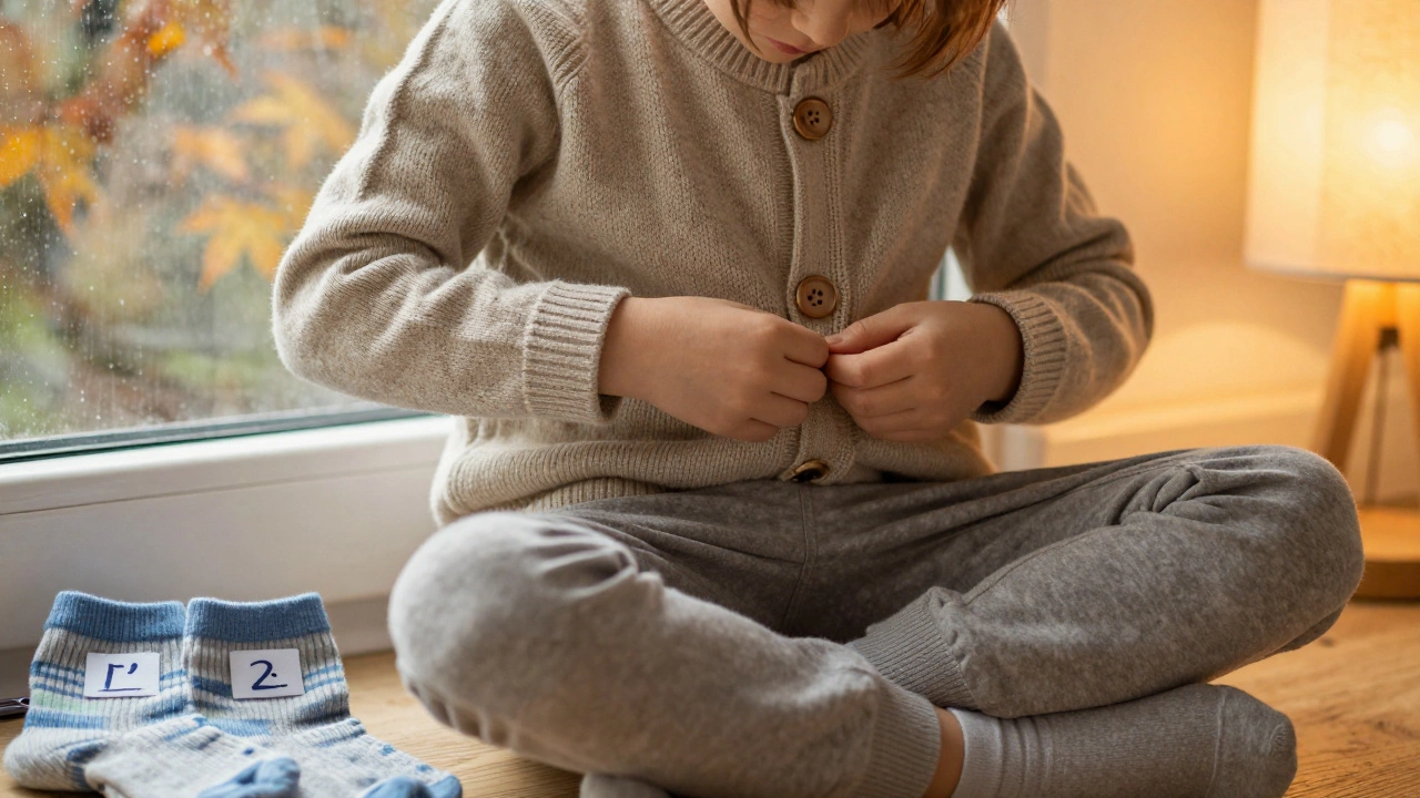 Пятилетний ребенок застегивает пуговицу на свитере, рядом лежат носки с маркировкой.