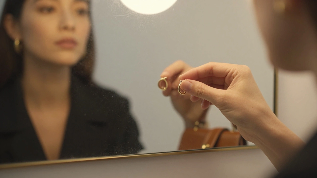 Рука кладёт золотое кольцо на зеркало, отражая силуэт пальто и сумки в туманном стекле.