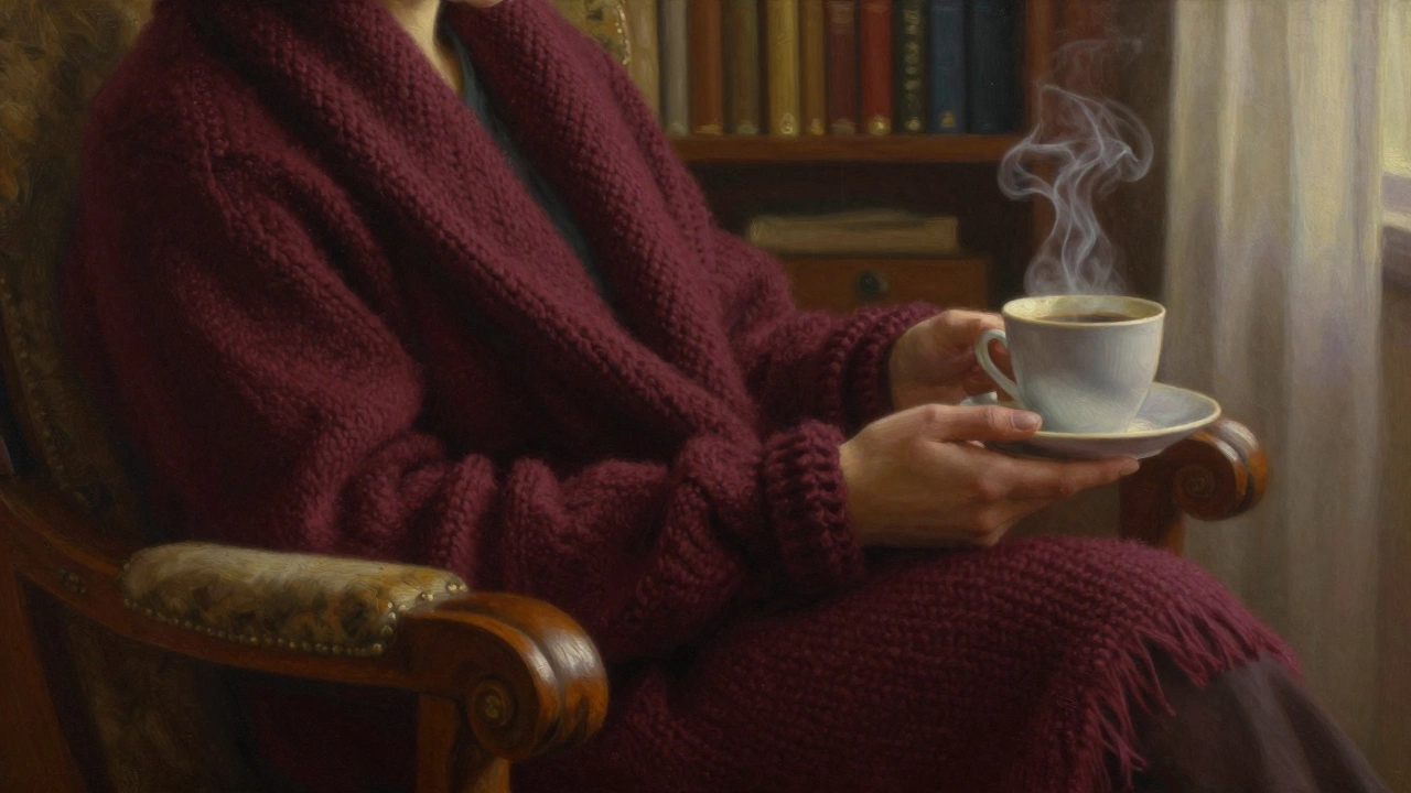 Руки держат бордовый шерстяной шарф на фоне деревянного кресла