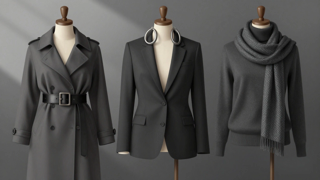 Три образа на манекене с ключевыми аксессуарами: пояс, серьги и шарф, на фоне нейтральных тонов.