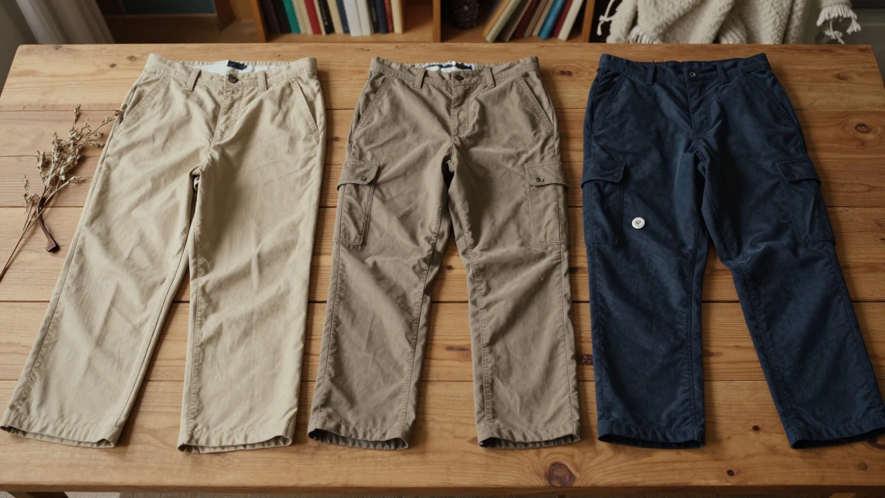 Три пары мужских брюк 2024 года: широкие, узкие и карго, аккуратно сложенные на дереве с натуральными деталями.