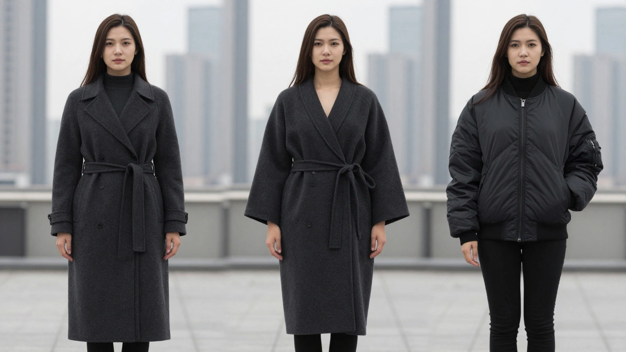 Три женщины с разными фигурами в идеальных пуховиках, зимний город, акцент на силуэтах.