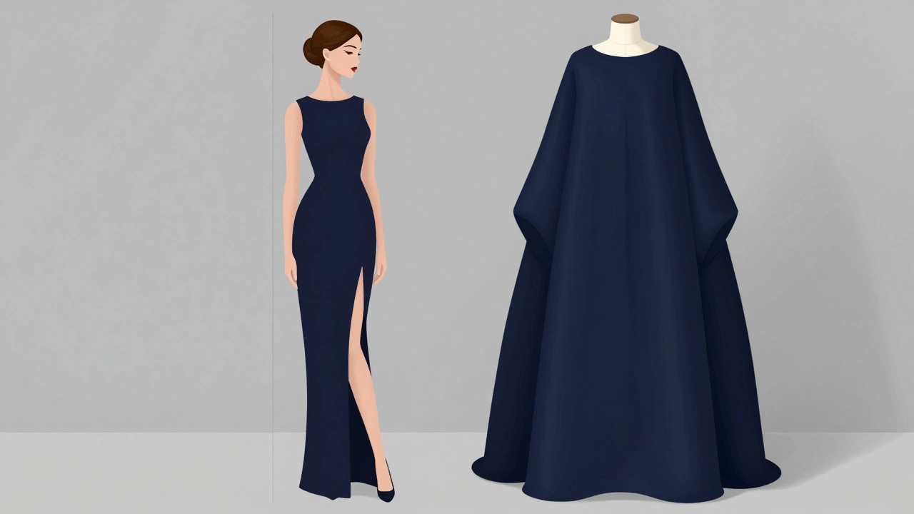Женщина в длинном платье с боковым разрезом, рядом — манекен в плотном платье без разреза.