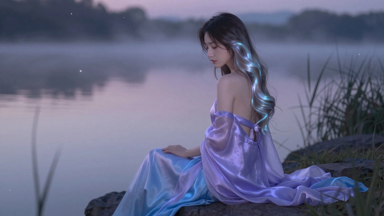 Женщина в лавандовом и морском синем платье сидит у озера на закате, туман поднимается от воды, звезды начинают появляться.