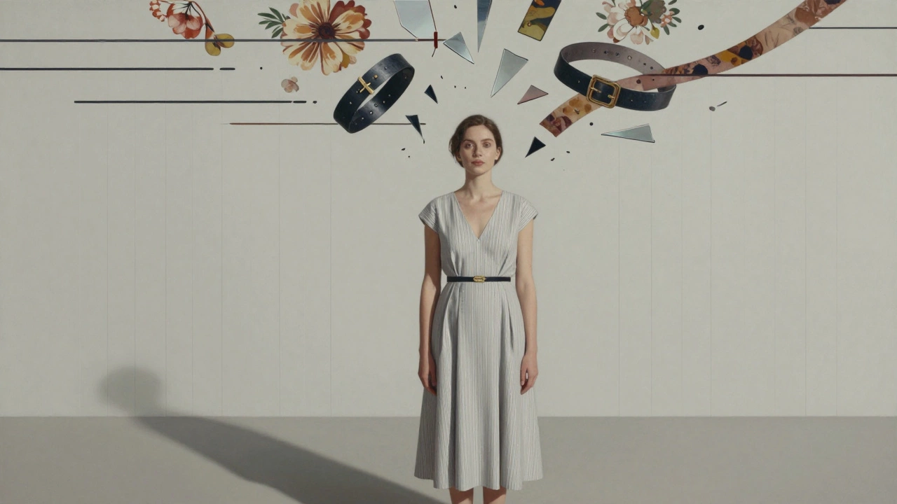 Женщина в платье с вертикальными полосами, вокруг нее разбитые горизонтальные линии и крупные принты.