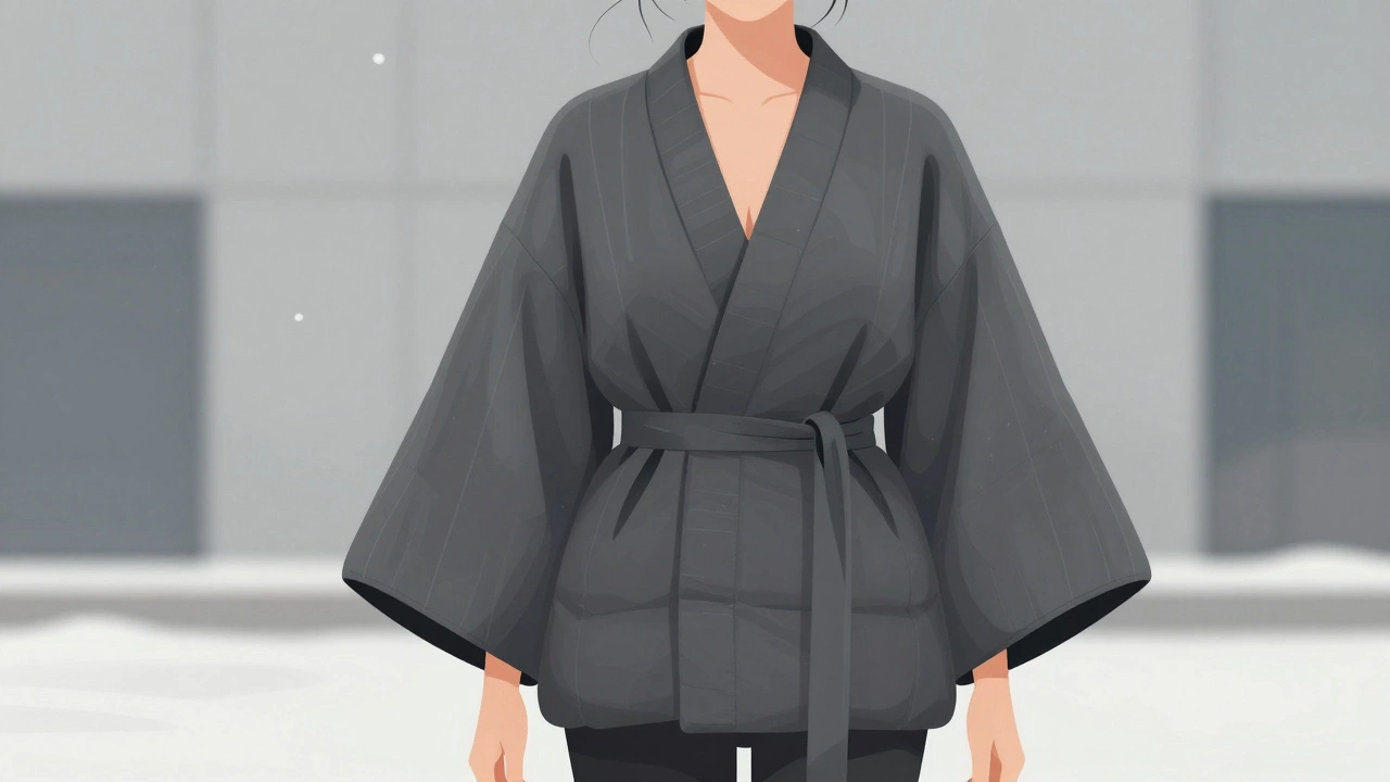 Женщина в пуховике-кимоно с V-вырезом, зимний городской фон, вертикальные линии подчеркивают стройность.