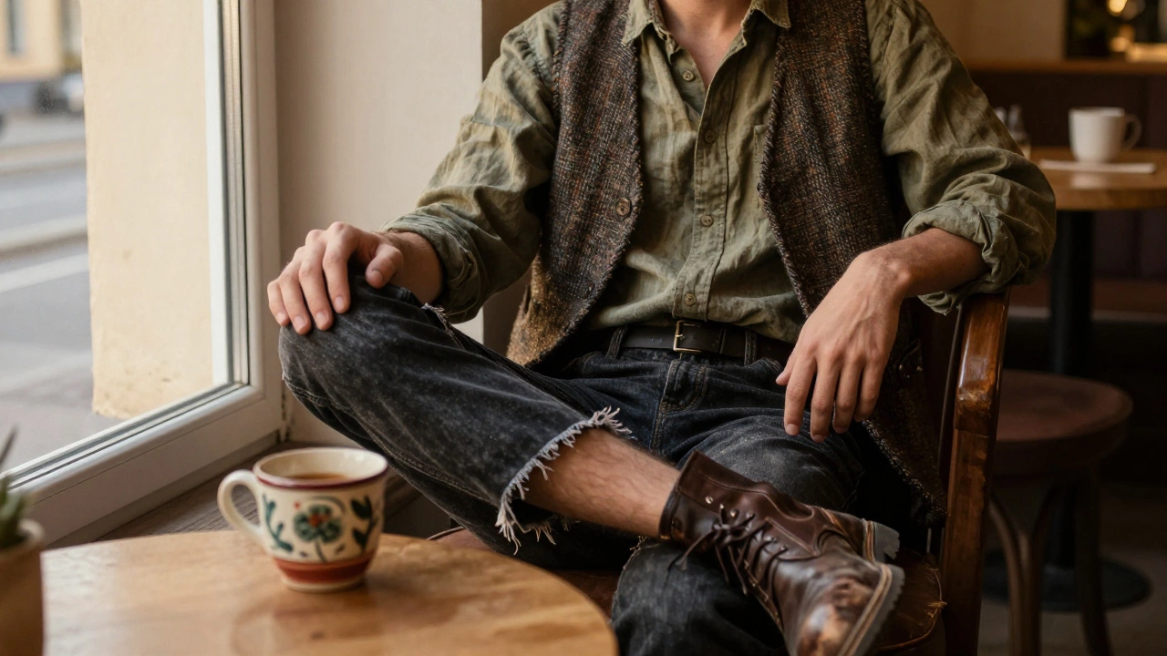 Человек в кафе в Петербурге в слоеной одежде из льна и твидa, с потертостями и уютным освещением.