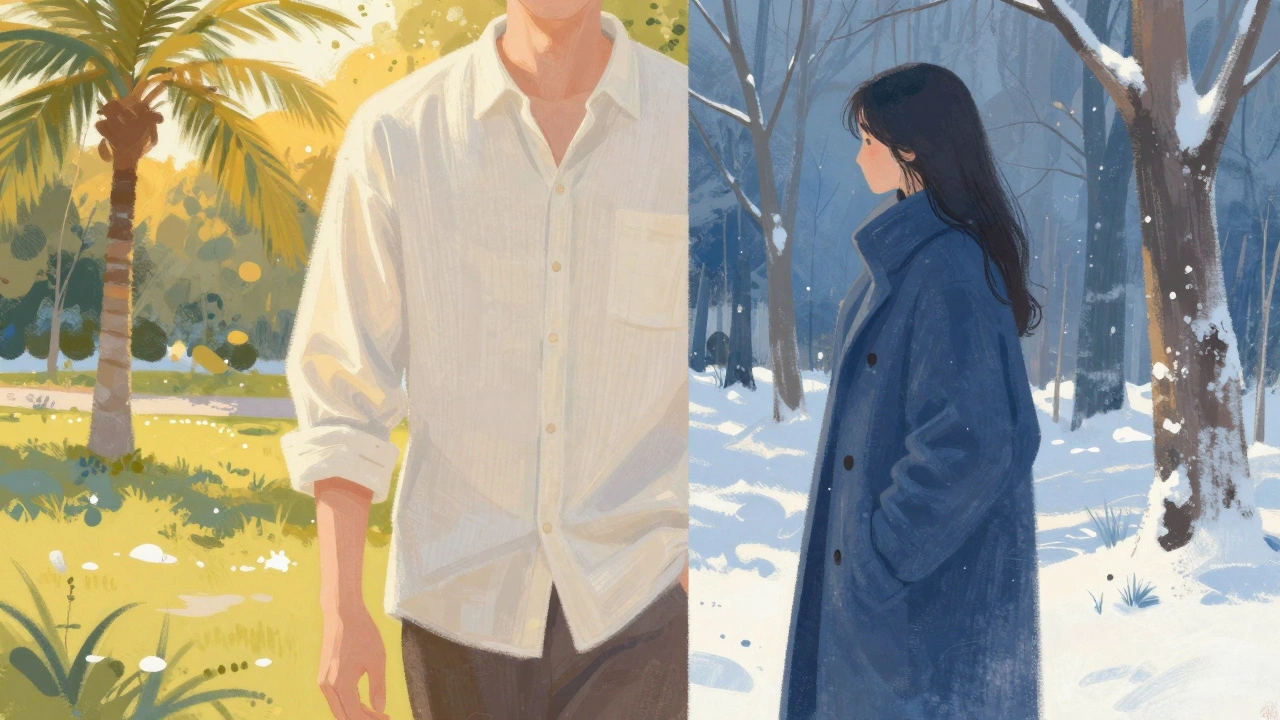 Человек в льняной рубашке в жаркий день и в шерстяном пальто на снегу