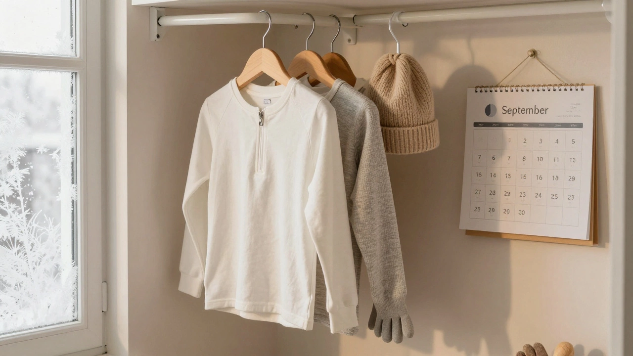 Демисезонный комбинезон висит на вешалке рядом с тёплыми слоями одежды, за окном — осенний морозный узор на стекле.