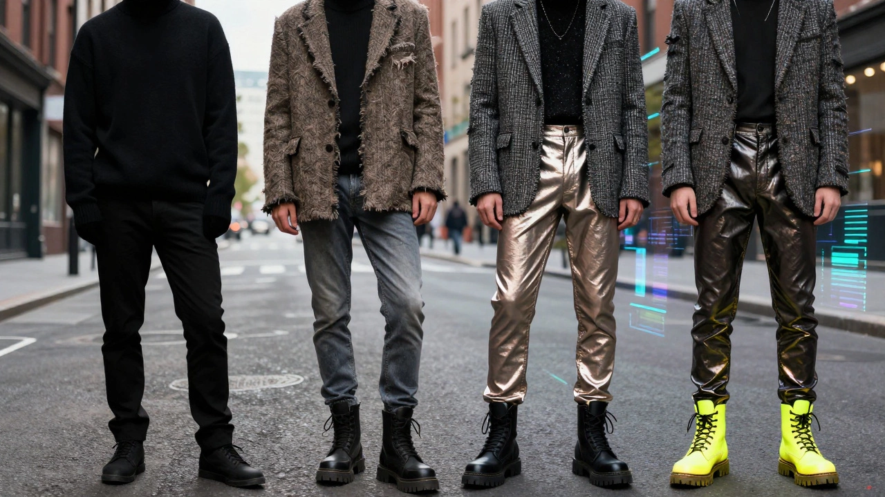Фигура в смешанном стиле: экологичный свитер, потертый пиджак, металлические брюки и ботинки с неоновой подошвой.