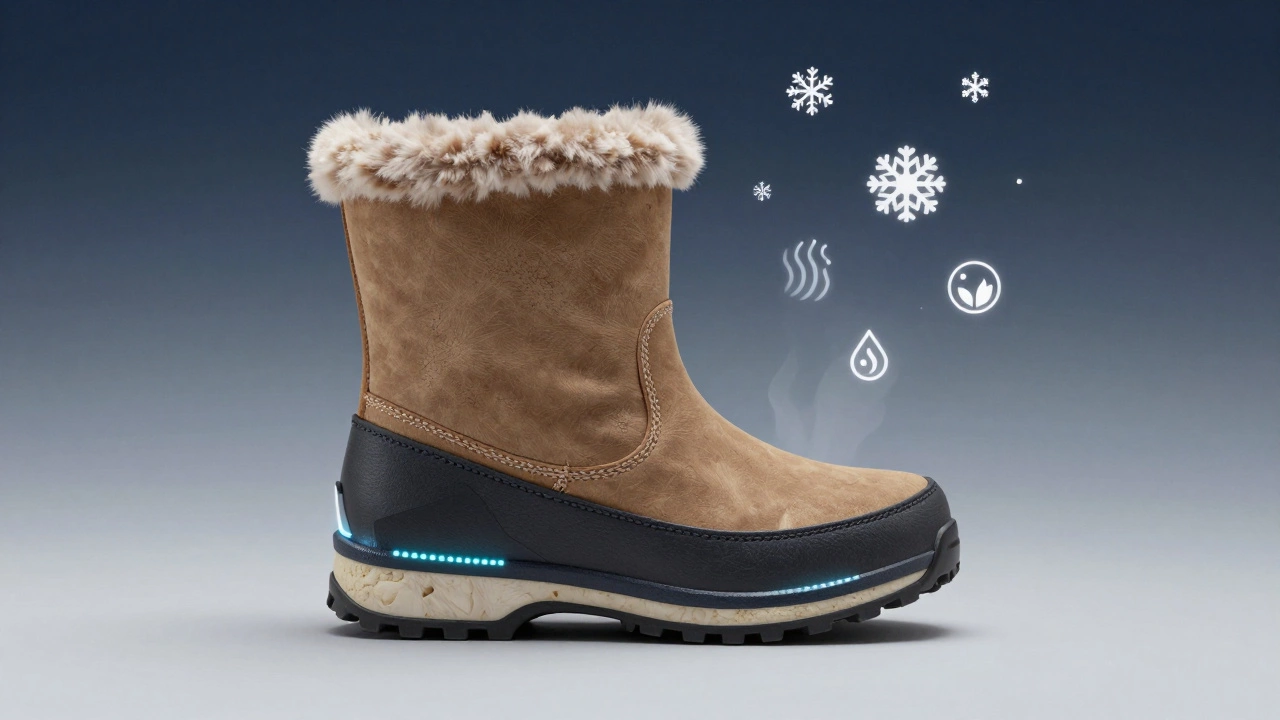 Футуристический ботинок с солнечной подзарядкой и экологичными материалами.