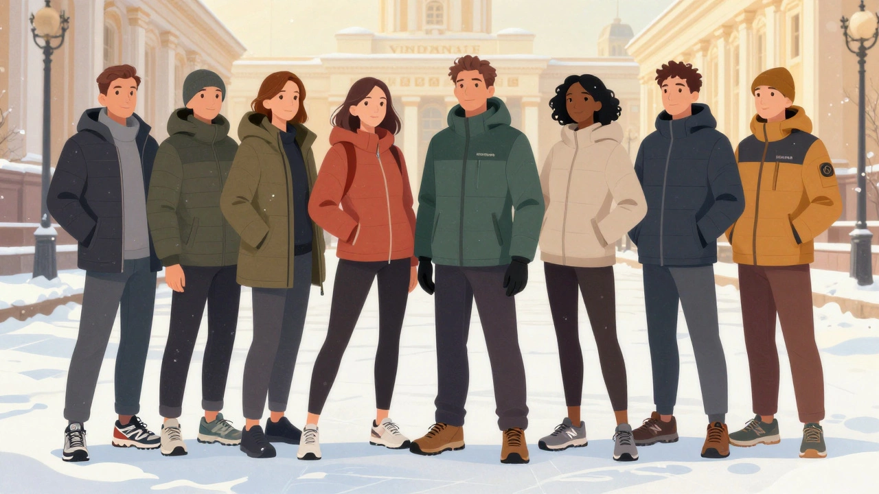 Группа людей в зимних кроссовках разных брендов на снежном тротуаре рядом с ВДНХ в Москве.