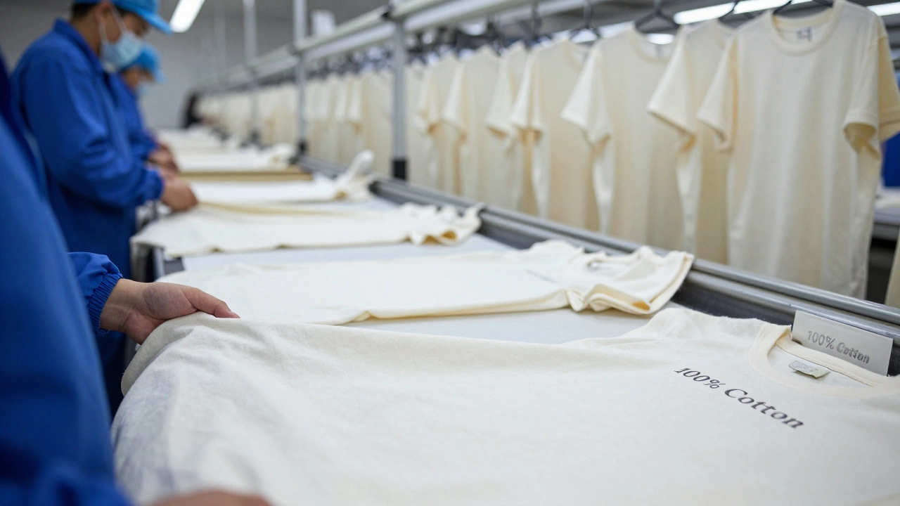 На фабрике шьют футболку из хлопка, видны ткань, швейные машины и этикетка '100% хлопок'.
