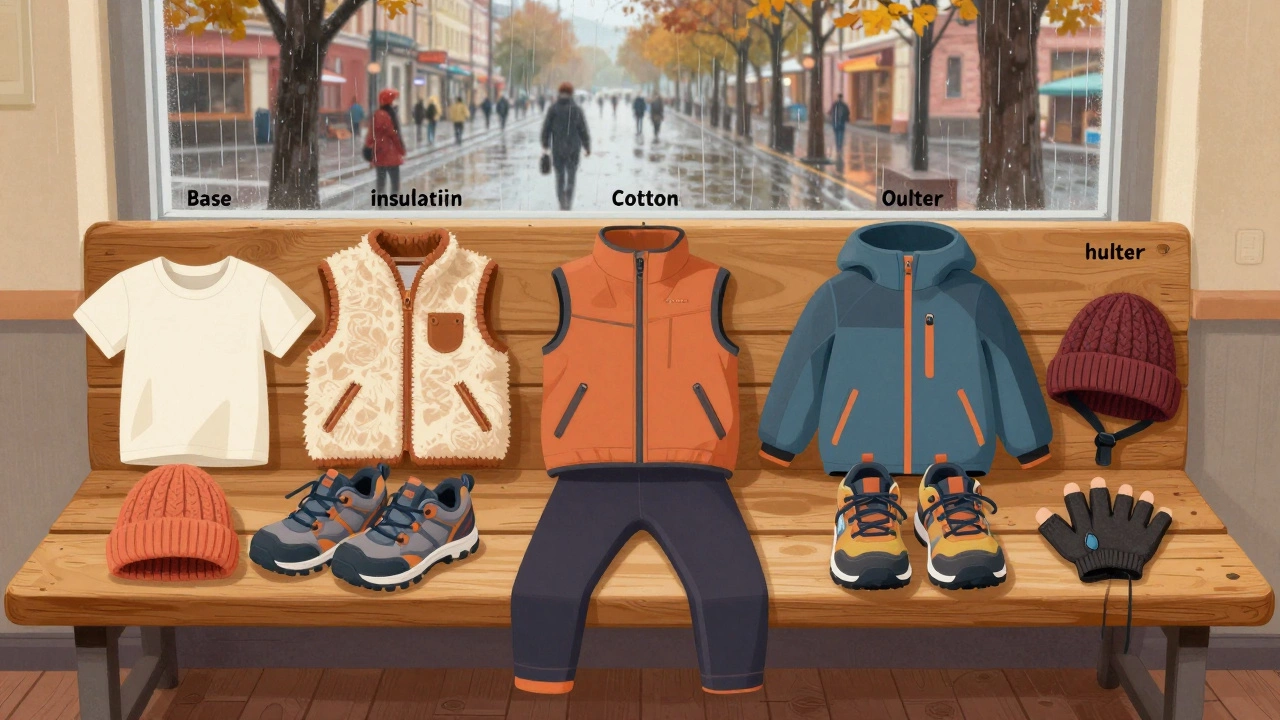 Осенняя детская одежда разложена на деревянной скамейке: базовый слой, утеплитель, внешняя защита, обувь, шапка и перчатки.