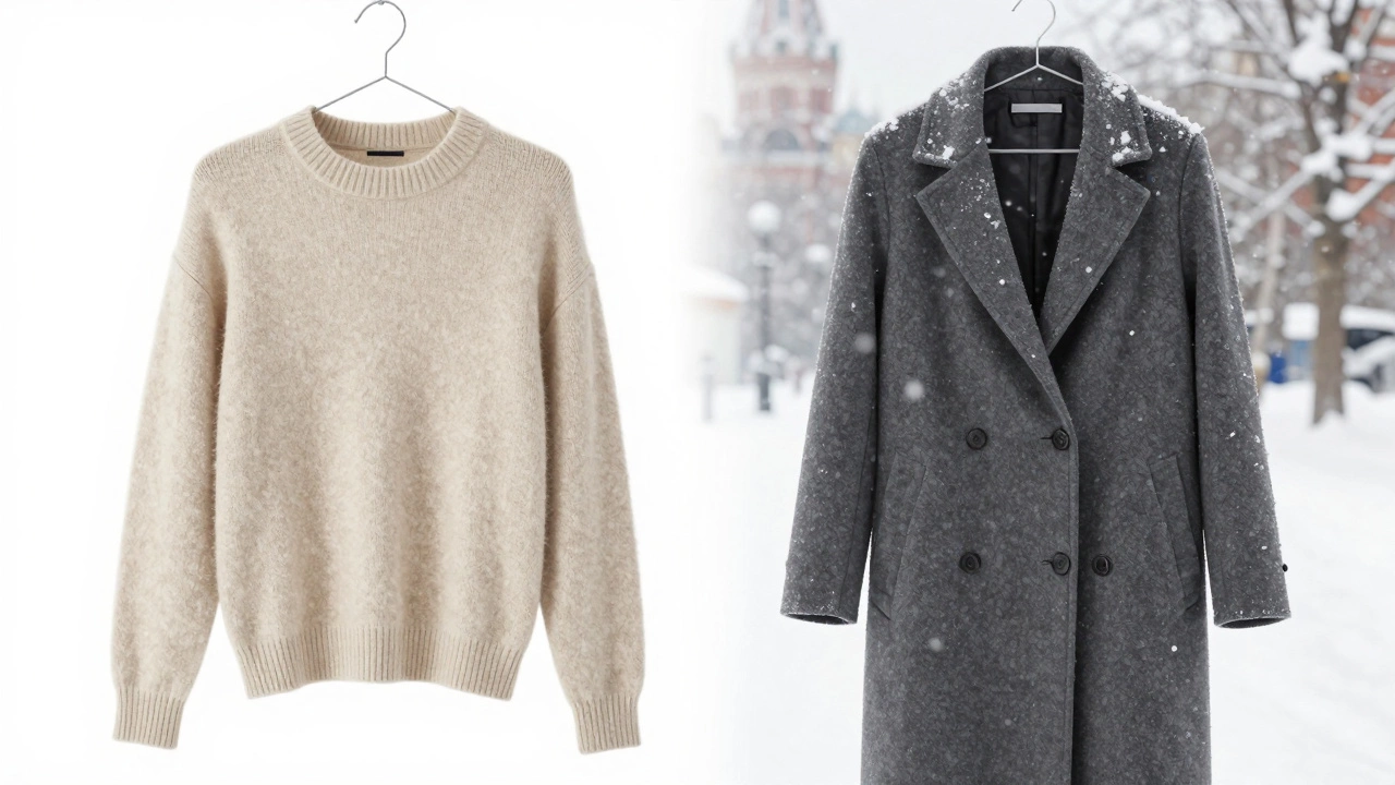 Поврежденный чистый кашемировый свитер и целое пальто из смеси кашемира и шерсти в снежной атмосфере.