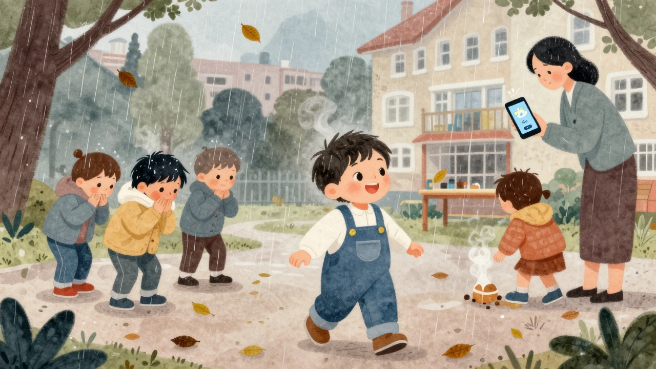 Ребёнок в демисезонном комбинезоне играет на улице в дождливую осень, другие дети рядом мерзнут в лёгкой одежде.