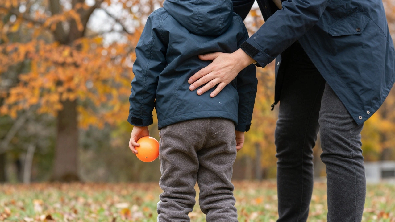 Родитель проверяет спину ребёнка под курткой, чтобы убедиться, что он сухой и тёплый.