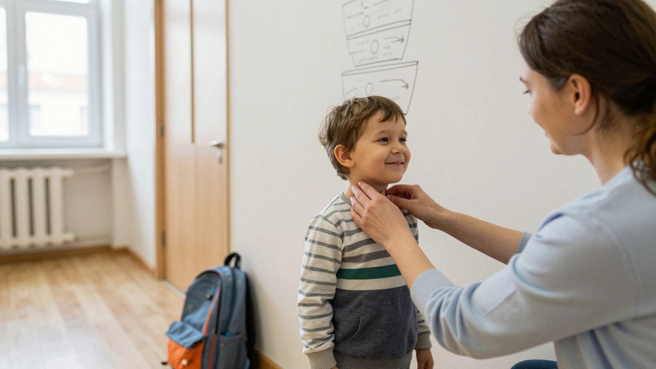 Родитель проверяет затылок ребенка в детском саду, ребенок улыбается, на фоне — намеченный рисунок трехслойной системы одежды.