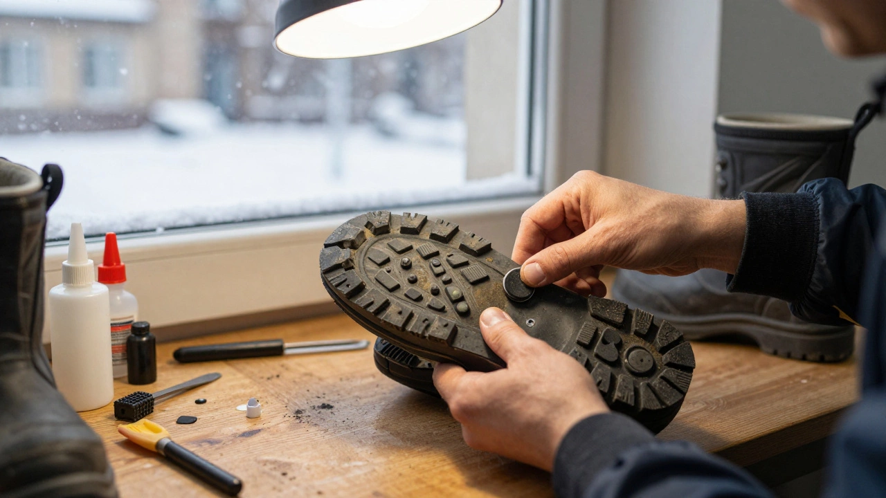 Рукава ремонтируют подошву ботинка, вставляя противоскользящие шипы в мастерской.
