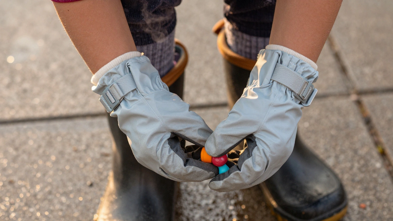 Руки ребёнка в двойных перчатках: хлопковая подкладка и водонепроницаемая внешняя оболочка.