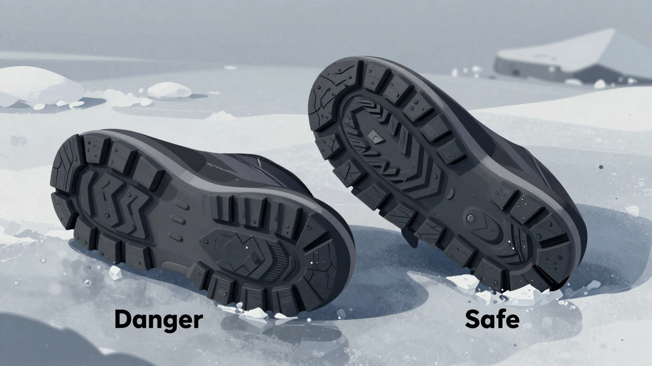 Сравнение двух подошв: одна скользит, другая имеет глубокий рисунок для сцепления с льдом.