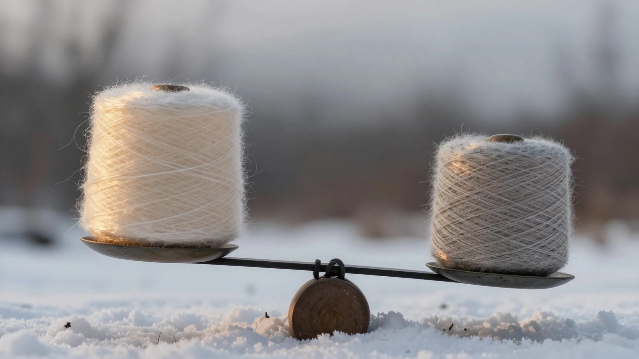 Весы, сравнивающие хрупкую нить кашемира и прочную нить шерсти мериноса на зимнем фоне.