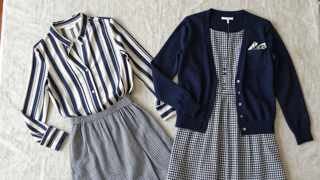 Комплект одежды с разными узорами и единым цветом.