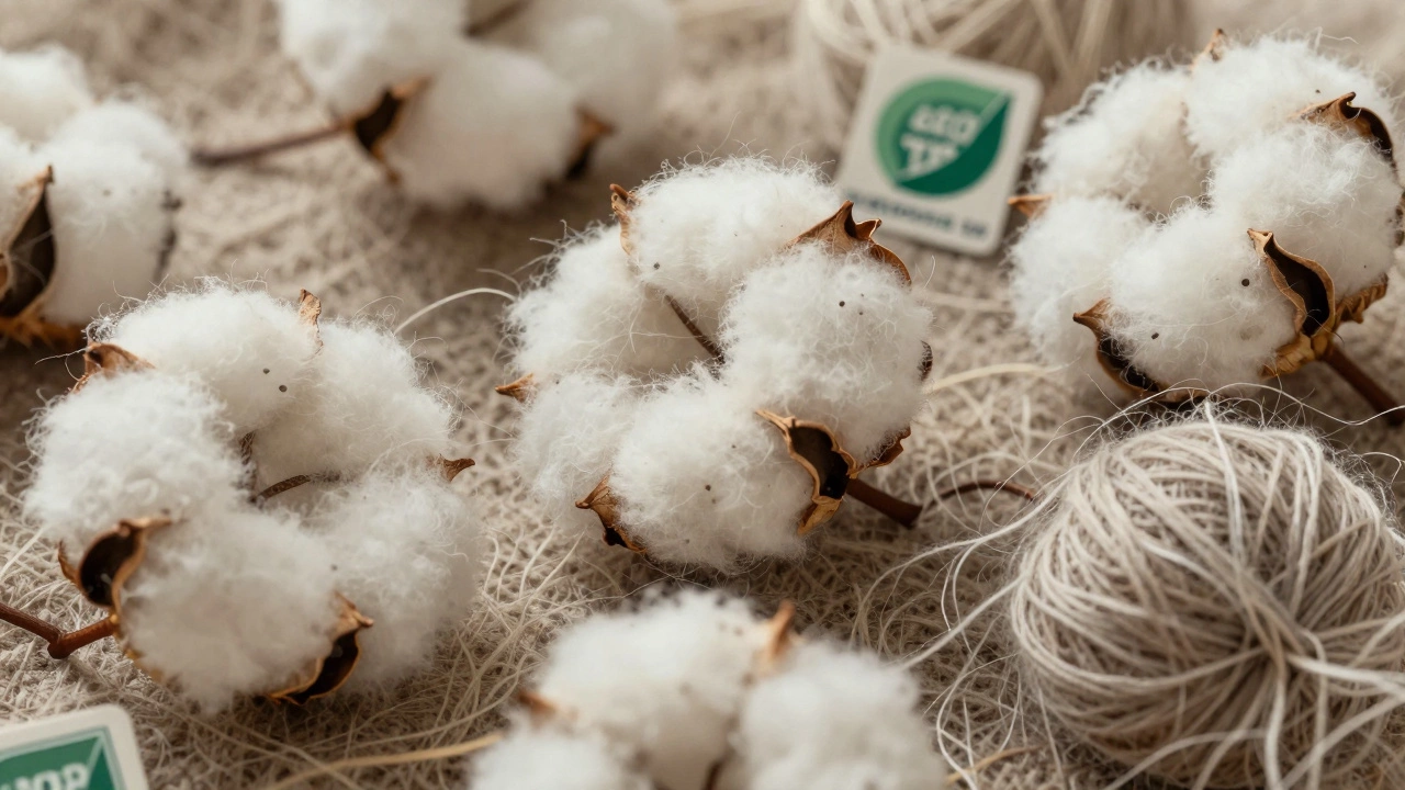 Крупный план натуральных волокон: хлопок, TENCEL™ и шерсть мериноса с сертификатами.