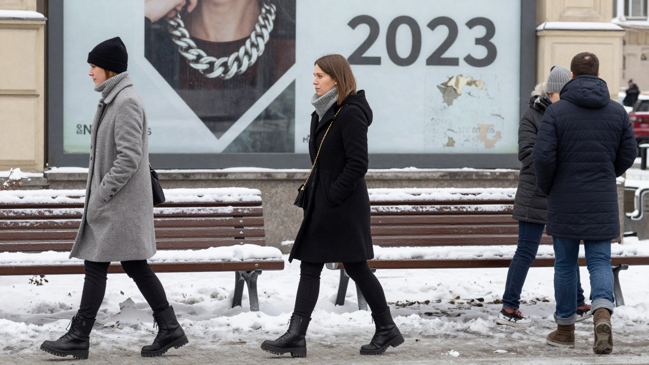 Москвичи на улице носят практичные ботинки до щиколотки и короткие пальто в зимний день.