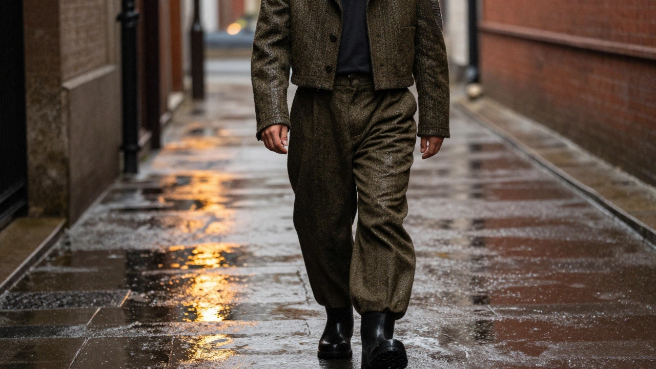 Мужчина идет по мокрому переулку в твидовом пиджаке и ботинках с рельефной подошвой.