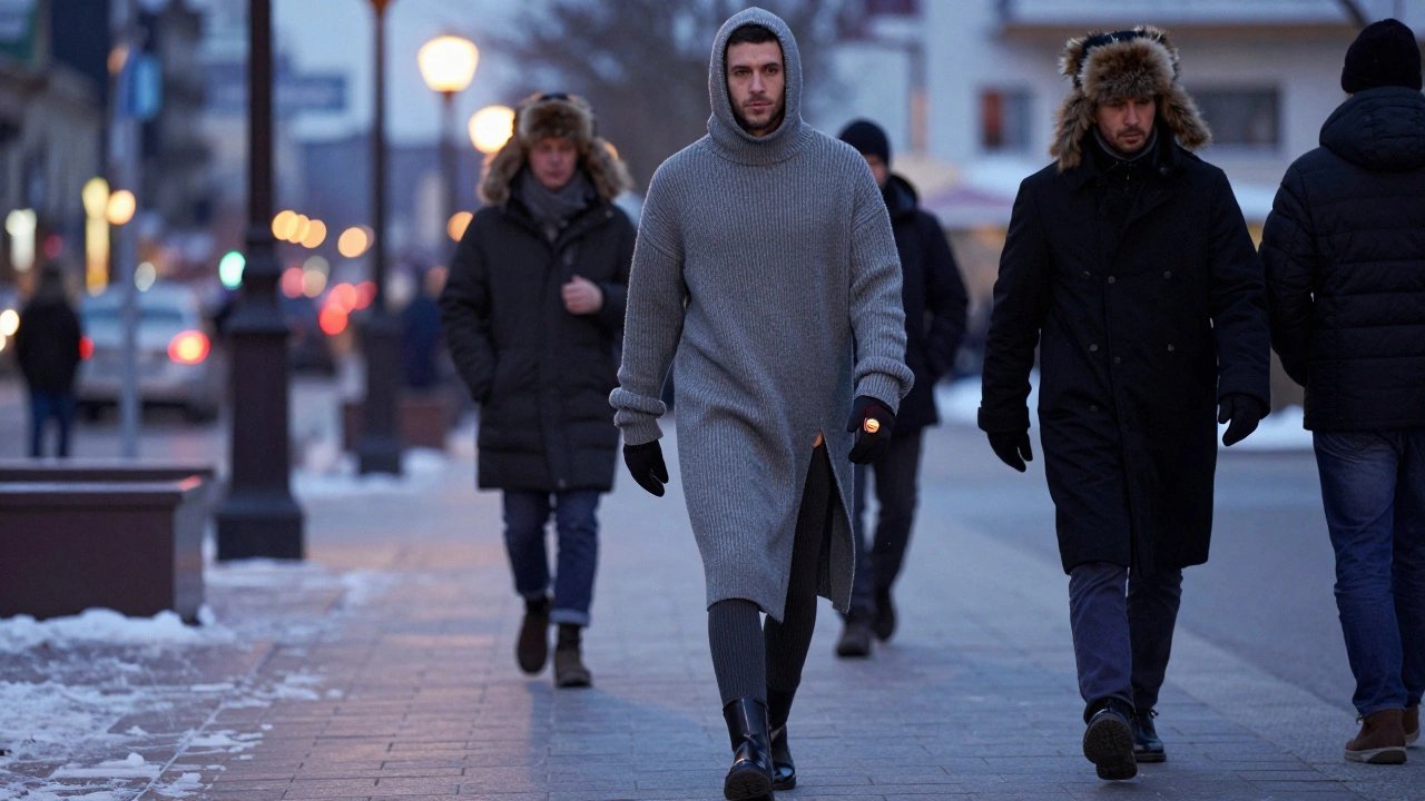 Мужчина в длинном свитере с разрезами и термобрюках, идёт по городу с подогреваемыми перчатками.