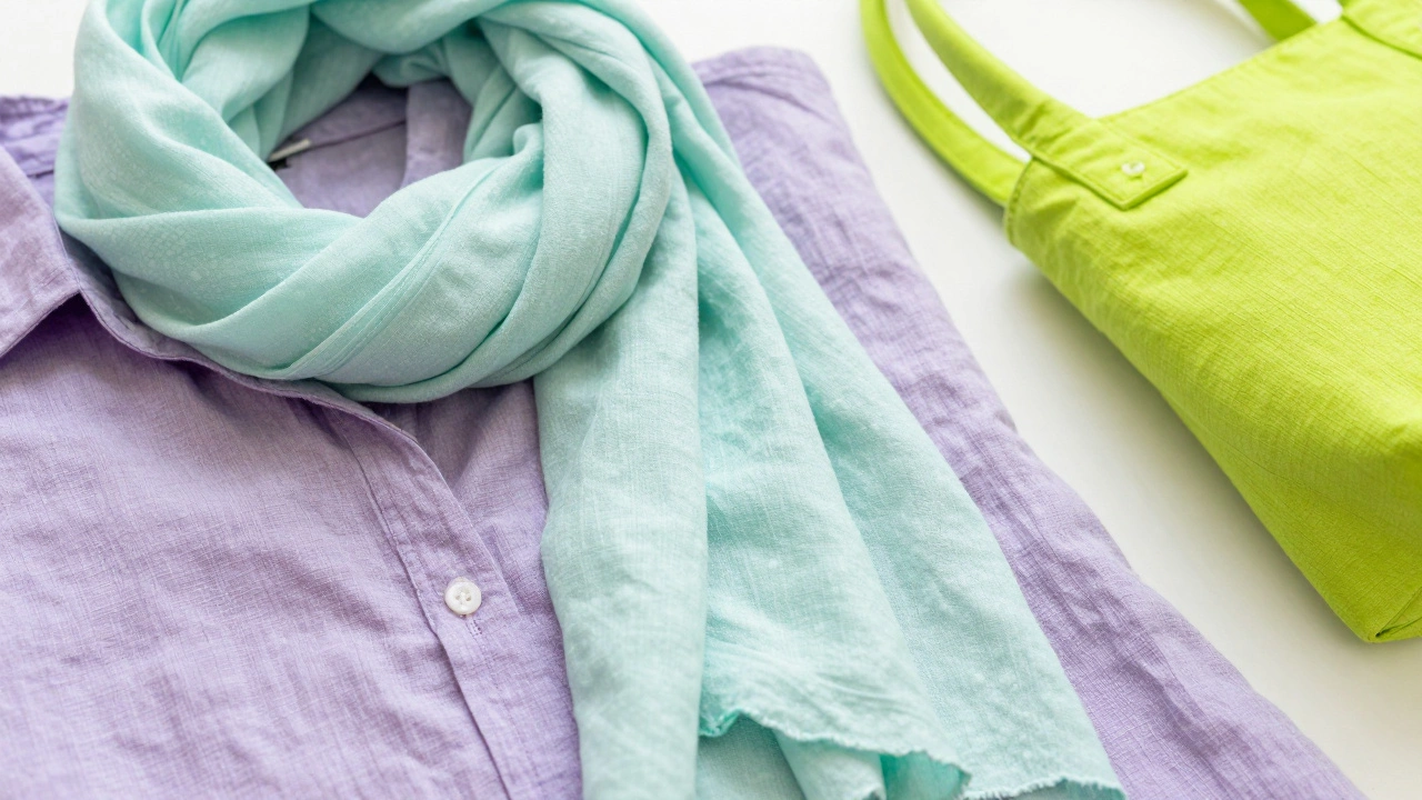 Пастельные ткани и яркая неоновая сумка на светлом фоне.