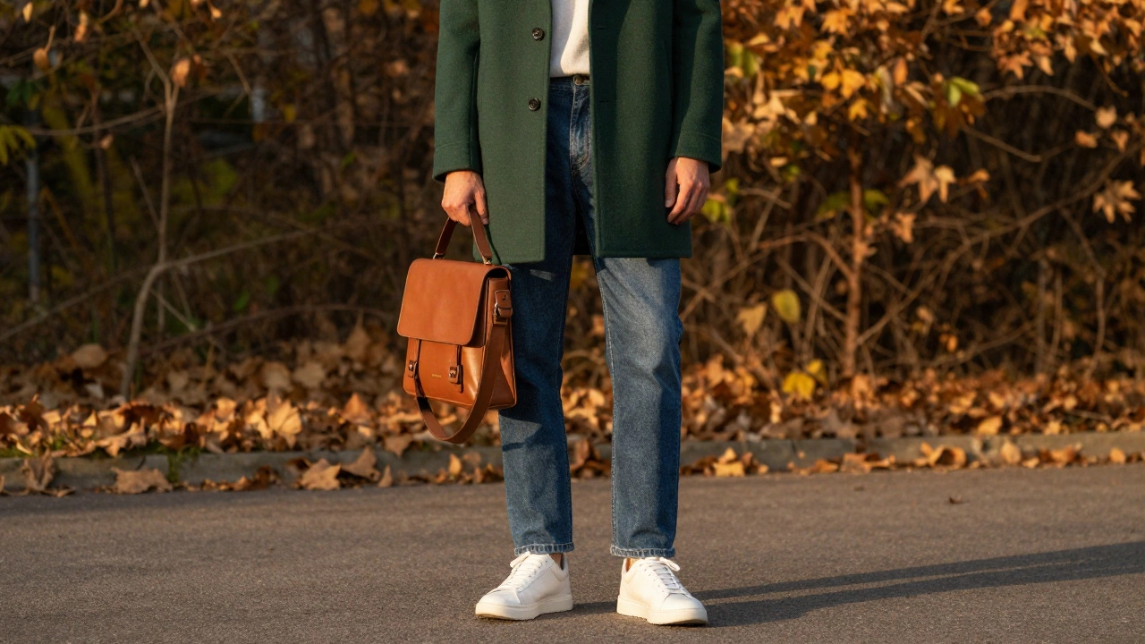 Полный образ мужчины в трендовой одежде с обувью и аксессуарами на природе