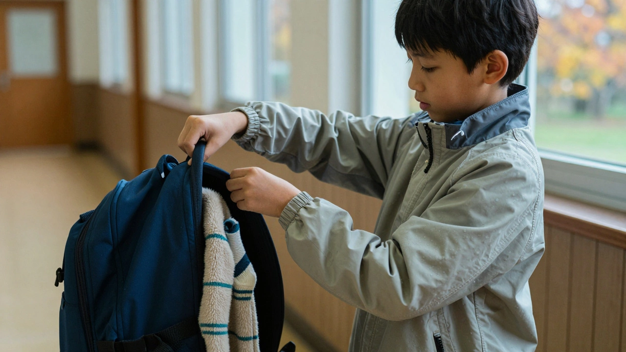 Ребёнок снимает куртку в школьном коридоре, в рюкзаке видны запасные носки и кофта, на фоне окна с осенним пейзажем.