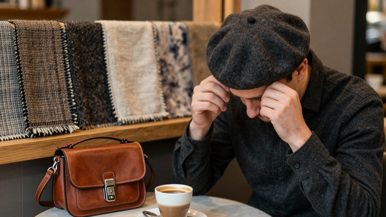 Руки мужчины, надевающего шапку-бекешу, рядом с кожаной сумкой-кроссбоди и чашкой кофе.