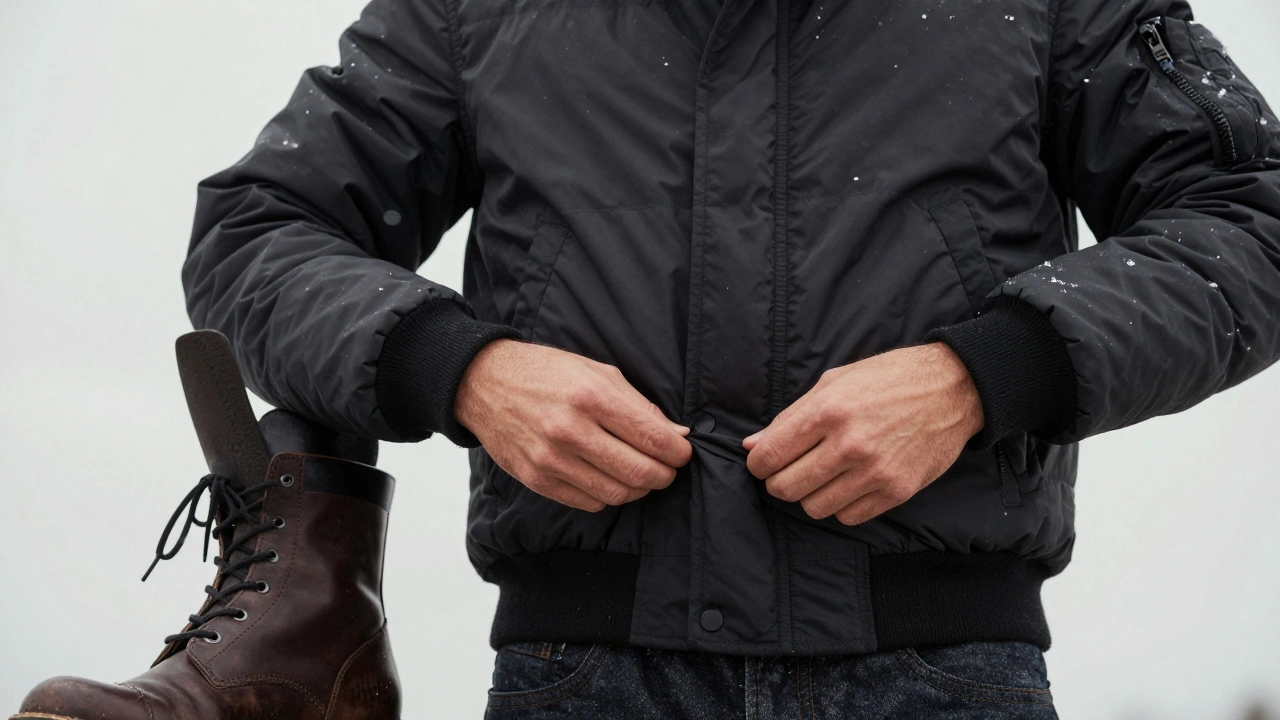 Руки мужчины в бомбере с натуральным пухом и кожаных ботинках с резиновой подошвой под снегом.